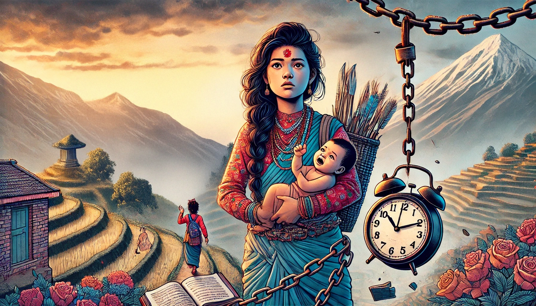 Young Nepali girl holding a baby, with fading school, clock, and chains symbolizing missed opportunities and restrictions.