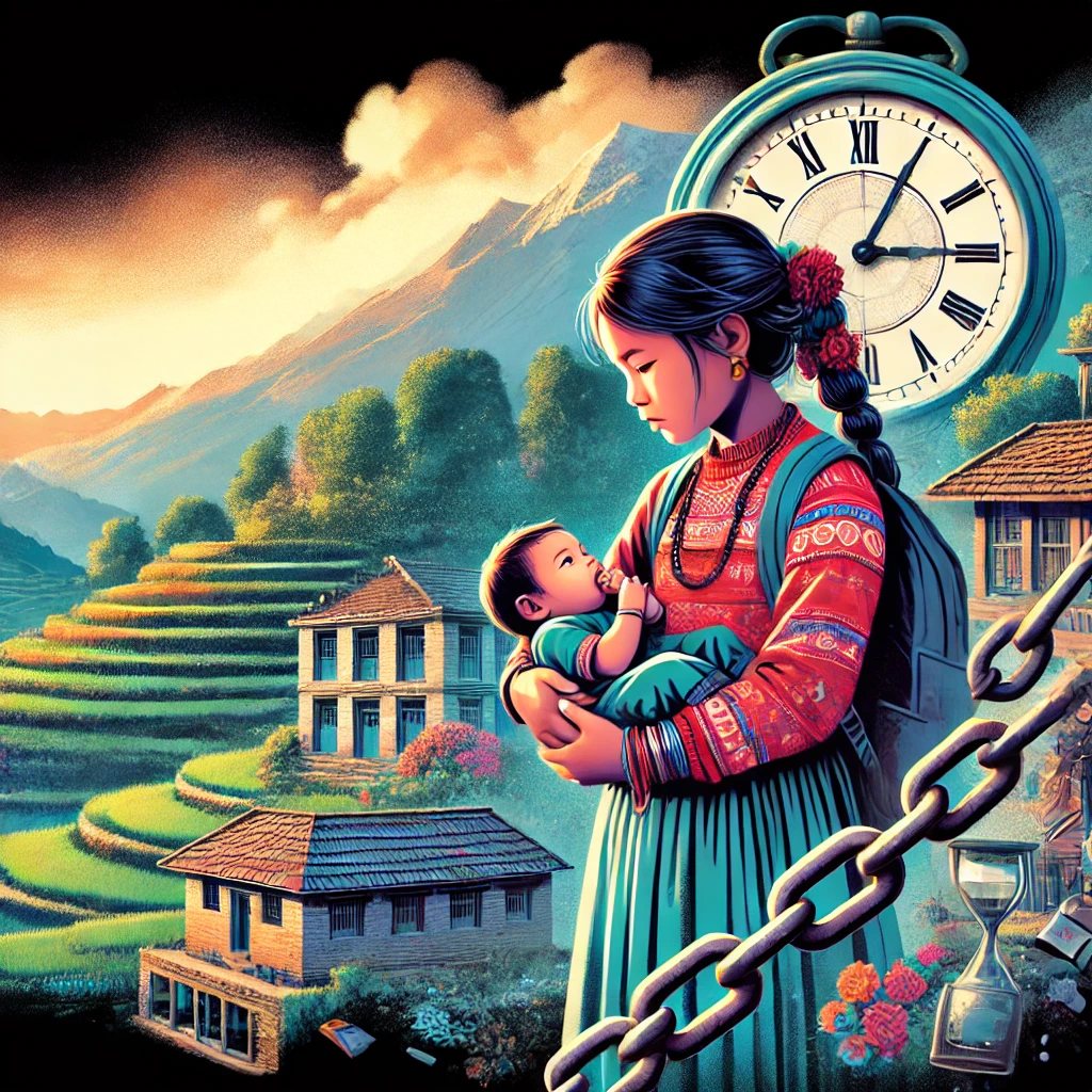 Young Nepali girl holding a baby, with fading school, clock, and chains symbolizing missed opportunities and restrictions.