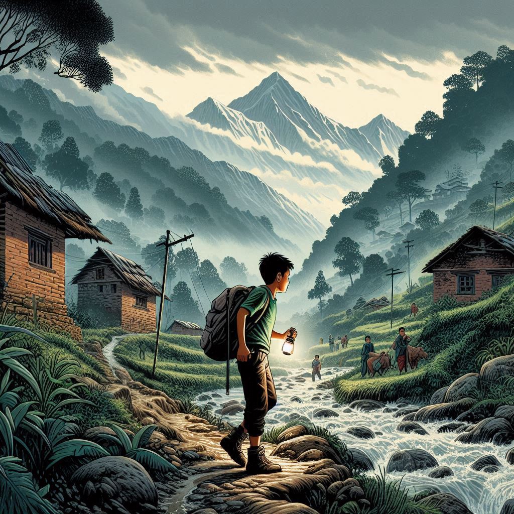 "Illustration of a determined 16-year-old Nepali boy walking on a narrow, muddy path in a mountainous landscape at sunset, with a misty village in the background."