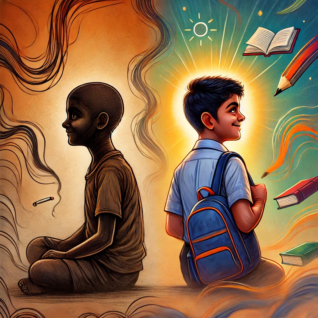 An abstract 16:9 illustration of a 12-year-old Nepali boy with very short, almost buzz-cut hair and dark skin, symbolizing his positive transformation. On the left, the boy is sitting aimlessly with a cigarette, surrounded by dull, hazy colors. On the right, he stands tall and confident, holding a school bag and smiling brightly, surrounded by vibrant, warm tones. The background transitions from smoky and muted to clear skies, books, and a glowing sun, representing education and a hopeful future. Flowing lines connect the two phases, emphasizing his journey of growth and change.