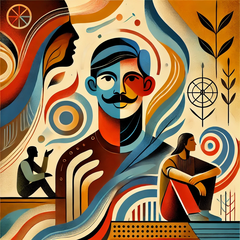 An abstract illustration of a teenage boy with an Nepali appearance and a teenage mustache, symbolizing personal growth and community learning. The image uses bold, flowing shapes and vibrant warm colors to depict transformation and cultural richness. The boy is shown in a minimalistic and symbolic style, seated among abstract human figures with patterns and motifs evoking a rural environment. The overall composition is modern and artistic, emphasizing themes of respect and fairness.