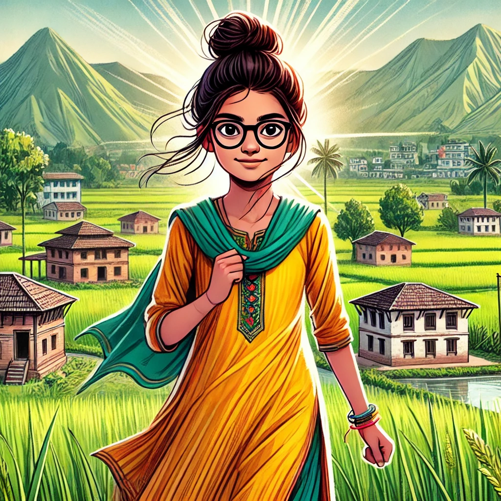 A serene rural village in Nepal, featuring a young Indian-looking girl with dark skin, glasses, and her hair tied in a bun, wearing a bright yellow kurtha. She stands confidently in the center of the image, set against a backdrop of lush green fields, small traditional houses with thatched roofs, and distant hills. The scene exudes a sense of resilience and hope, highlighting the girl’s determination amidst a tranquil environment.