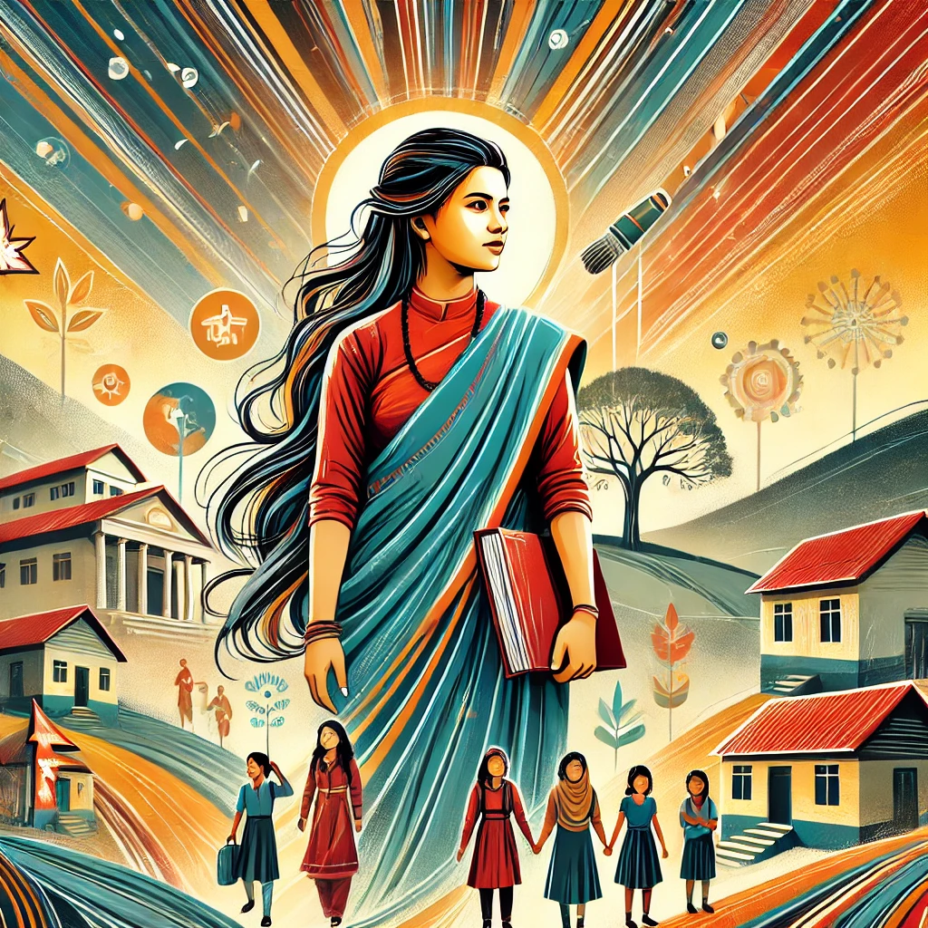 An abstract 16:9 illustration of a confident Nepali woman in traditional attire, symbolizing leadership and empowerment, with rural landscapes, books, and a rising sun representing education and hope.