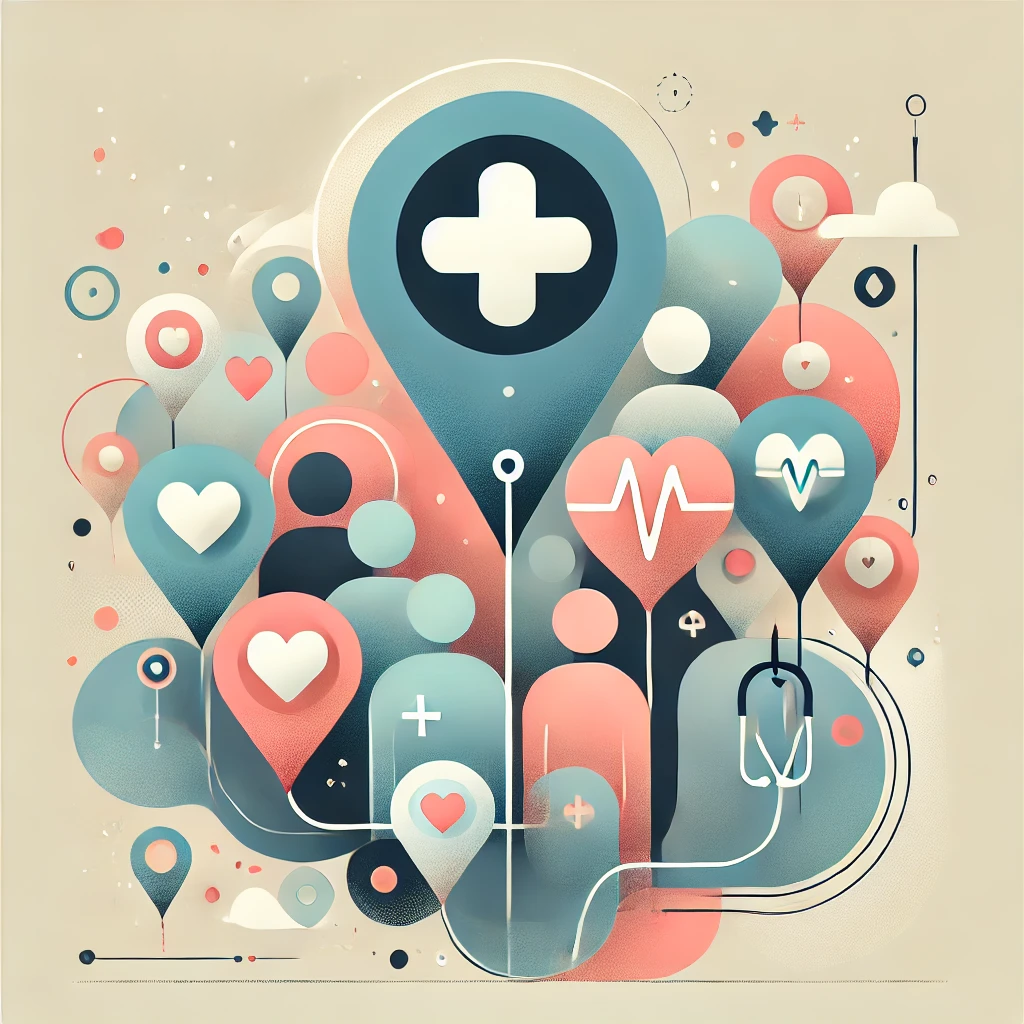 Abstract design with human silhouettes, hearts, and a prominent location pin symbolizing health services.