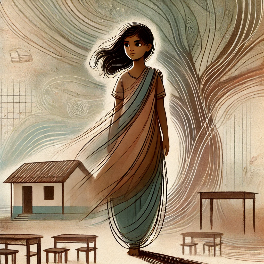 An abstract illustration of a confident 15-year-old nepali girl with darker skin, standing in a rural setting. She wears a traditional salwar kameez, symbolizing empowerment and education. The background subtly blends a classroom scene under a tree, with abstract elements representing dreams and aspirations, evoking hope and growth.